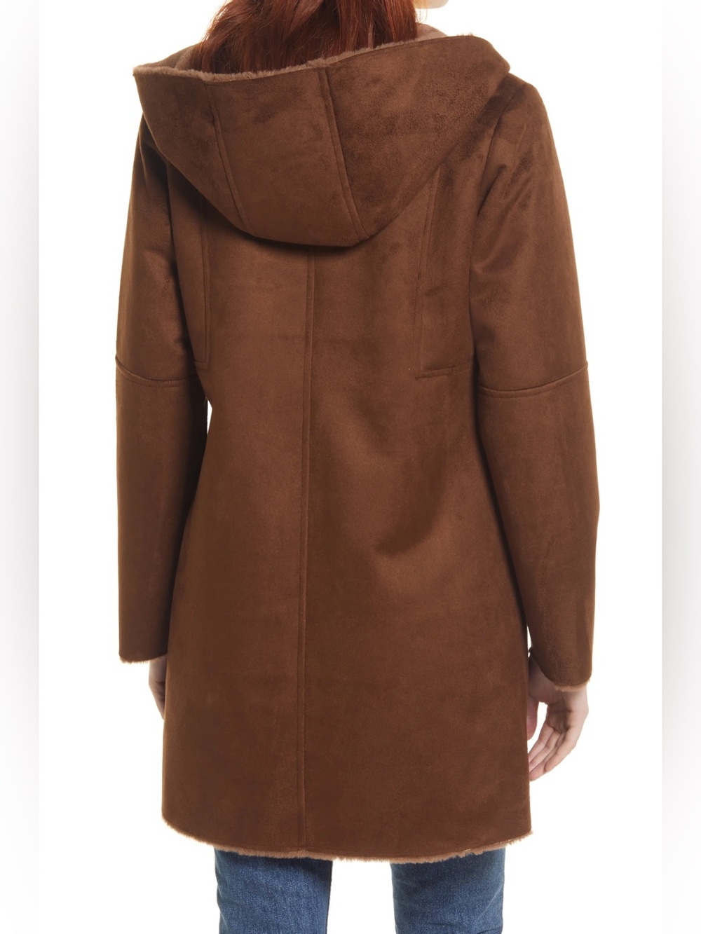 Gallery Faux Suede Faux Shearling Hooded Long Coat Brown XL NWT - Picture 2 of 13
